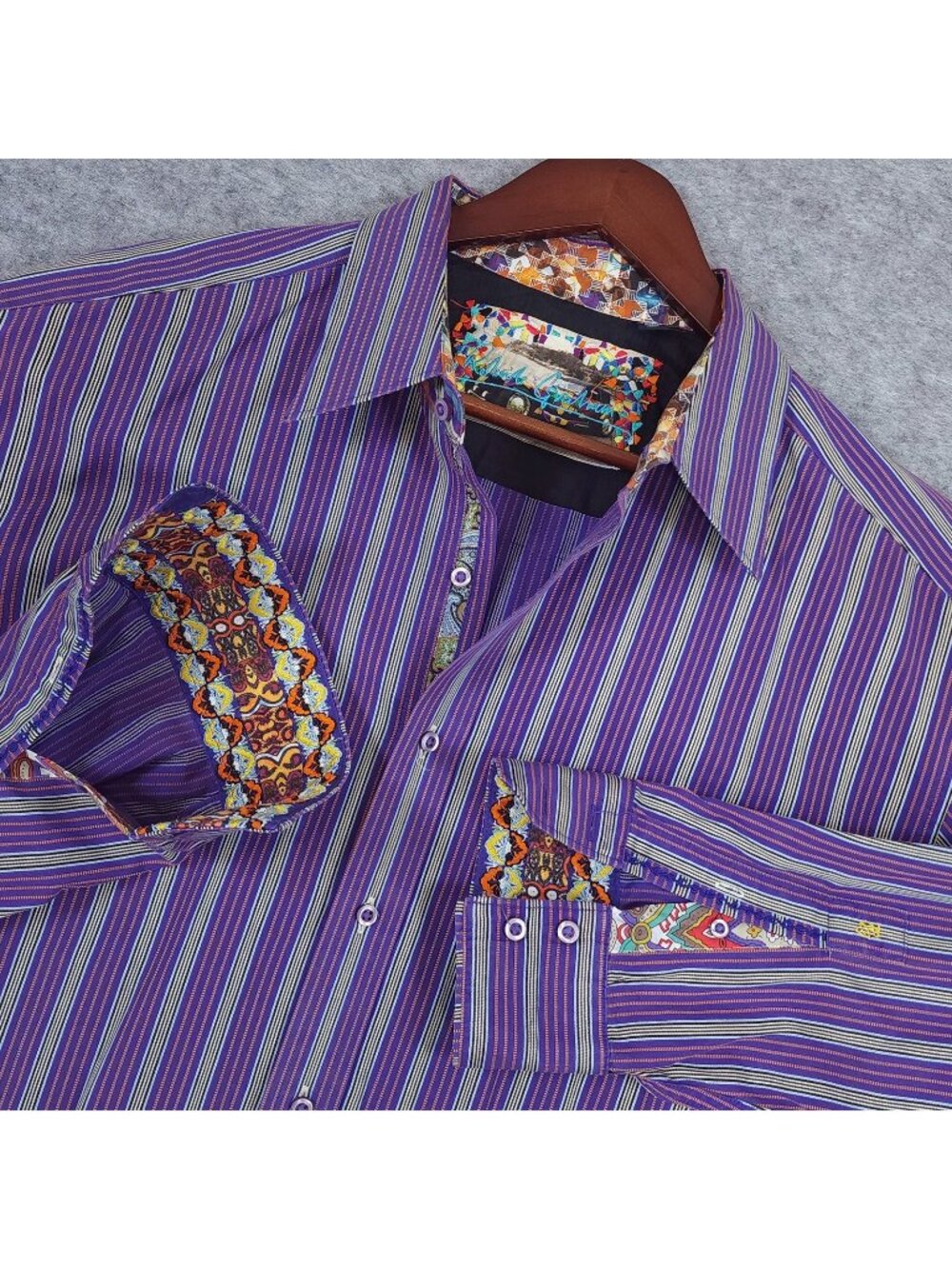 Robert Graham Mens Long Sleeve Shirt 2XL Purple Stripe Embroidered Flip Cuffs